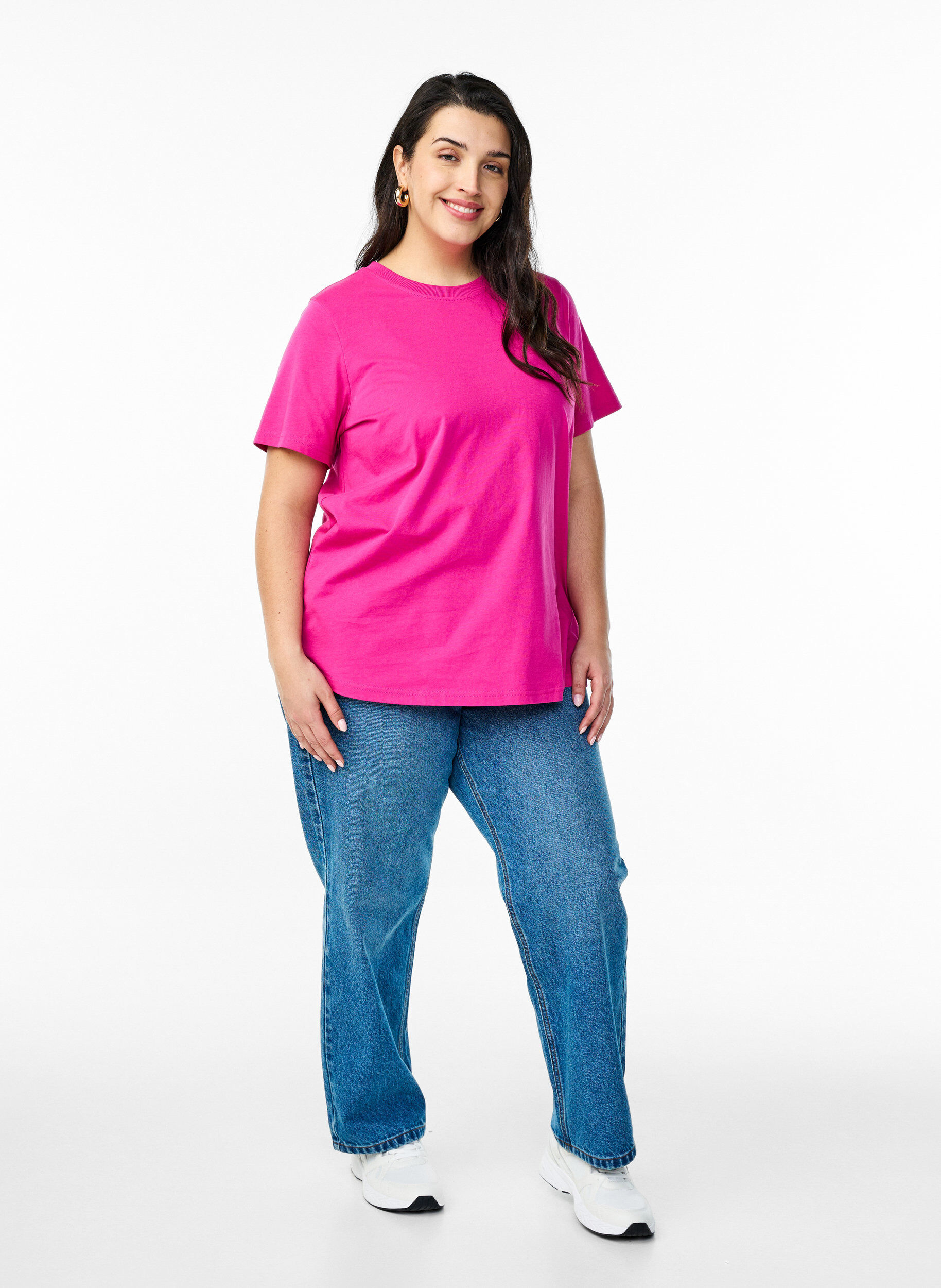 Zizzi Basic katoenen T-shirt met ronde hals, Roze, Model image number 1