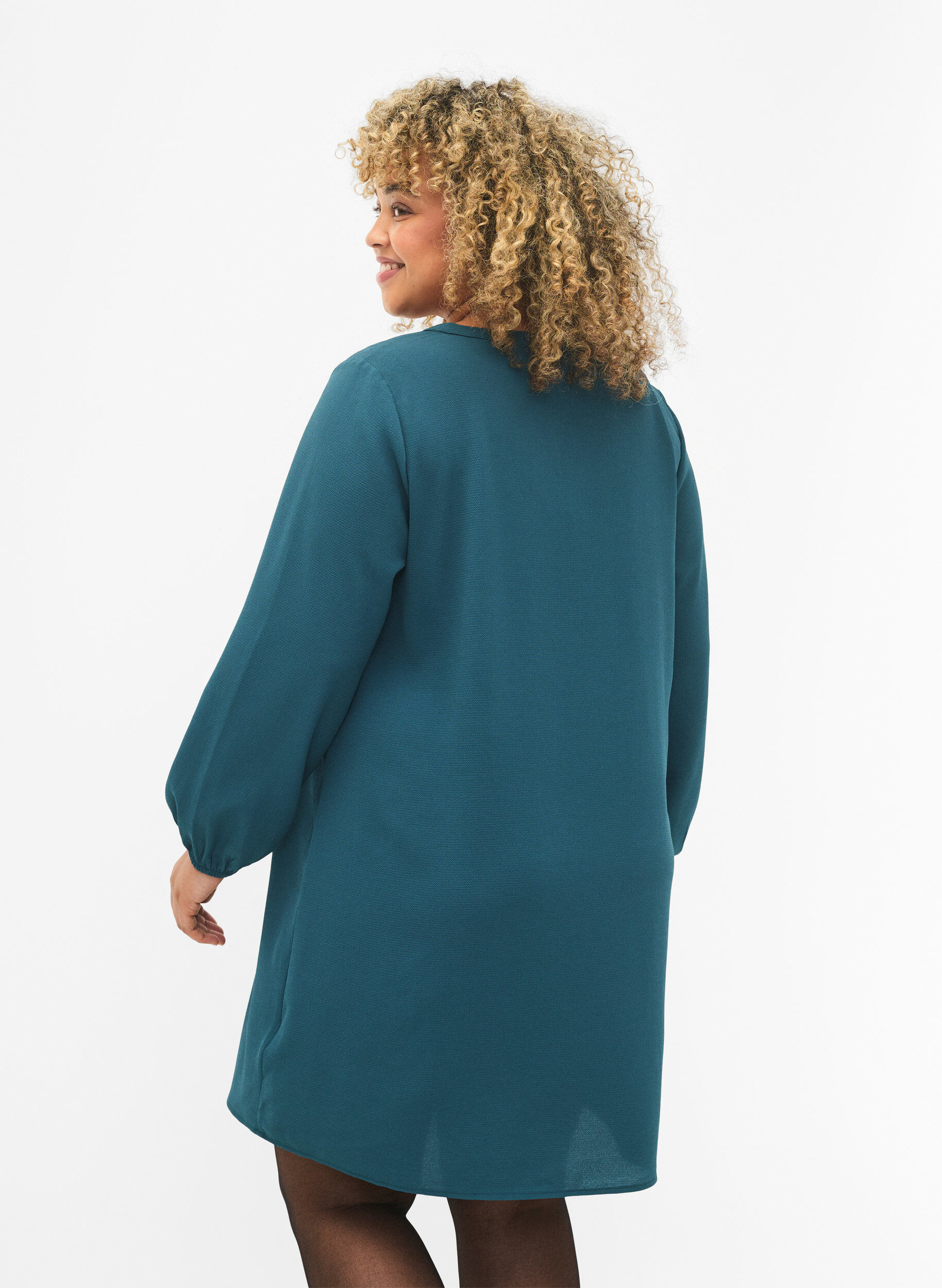 Zizzi Jurk met lange mouwen en V-hals, Deep Teal, Model image number 1
