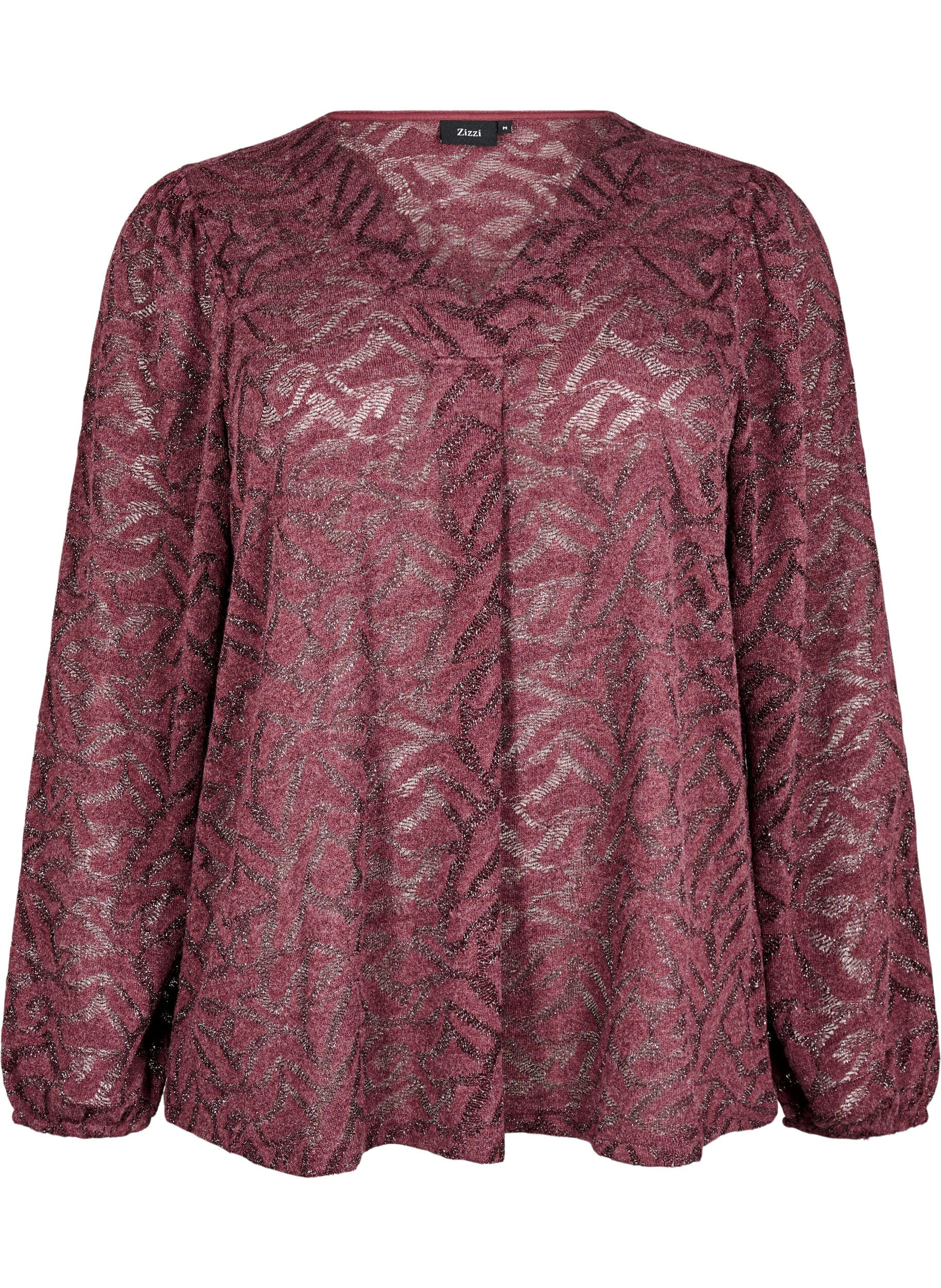 Zizzi Blouse met lange mouwen met glitter en patroon, Rood, Packshot image number 0
