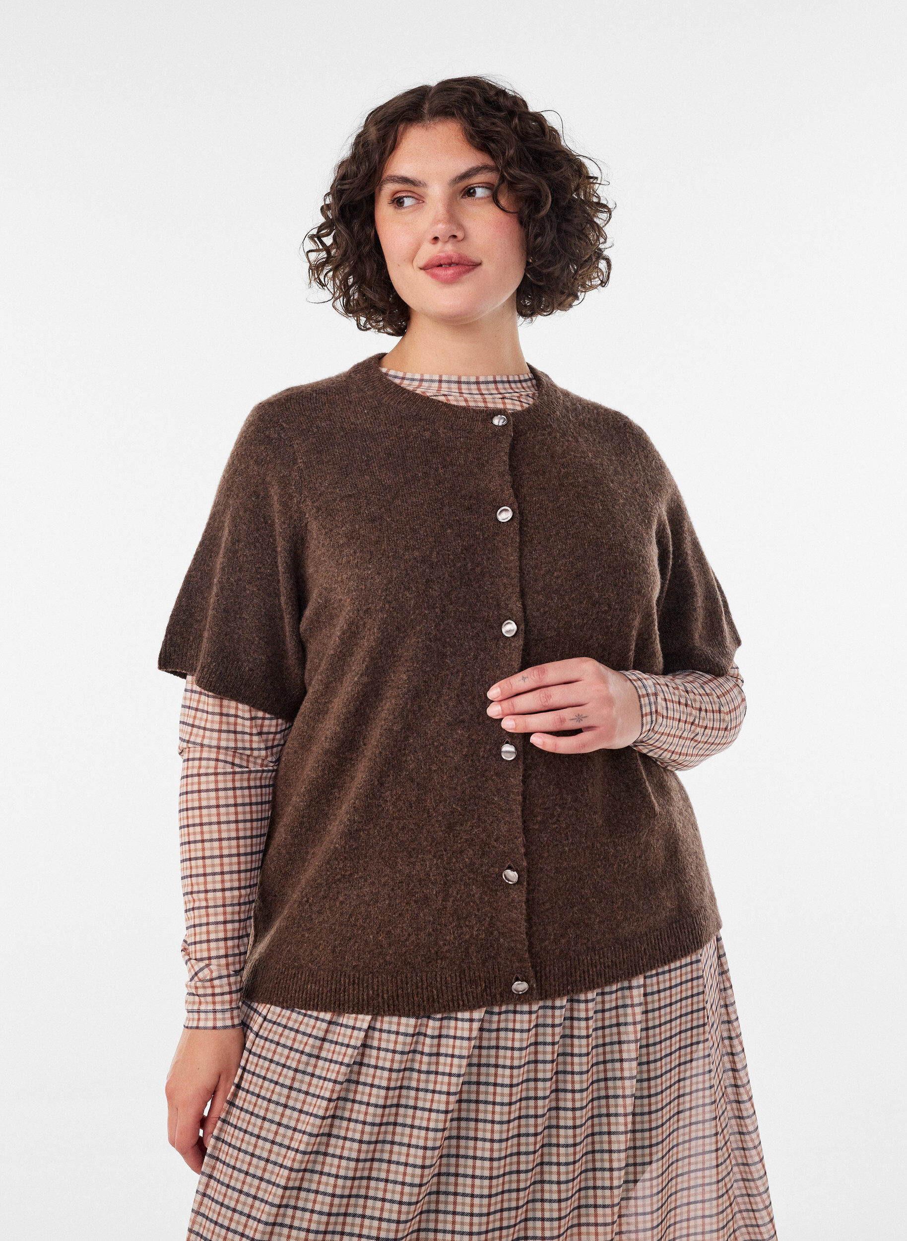 ZizziGebreid vest met korte mouwen, Bruin, Model image number 0