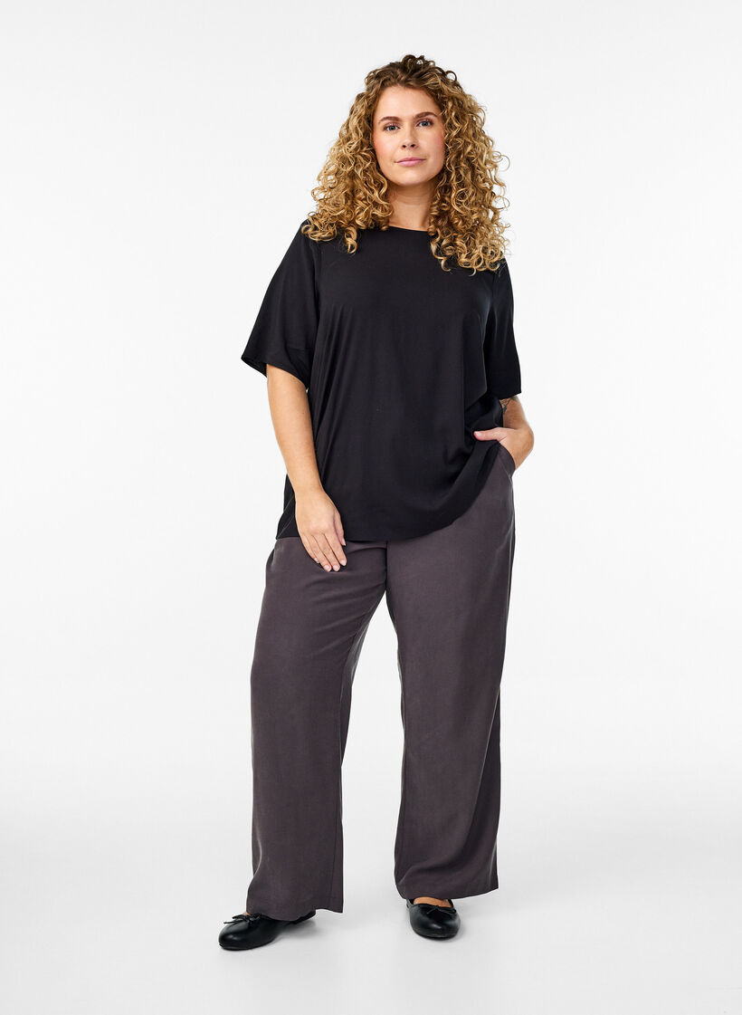 Geweven blouse met korte mouwen en ronde hals, Zwart, Model image number 1