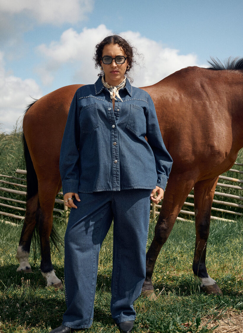 Wijde jeans met studs en een high waist, Blauw, Image image number 0