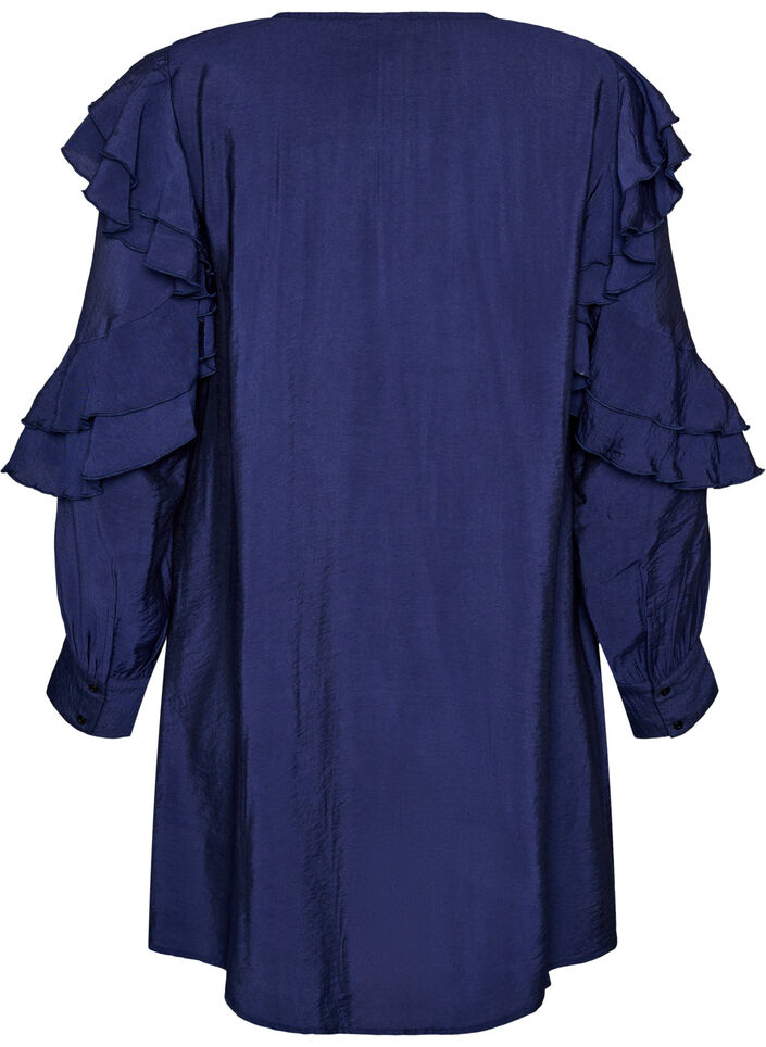 Viscose jurk met ruches en strikbandjes, Blauw, Packshot image number 1