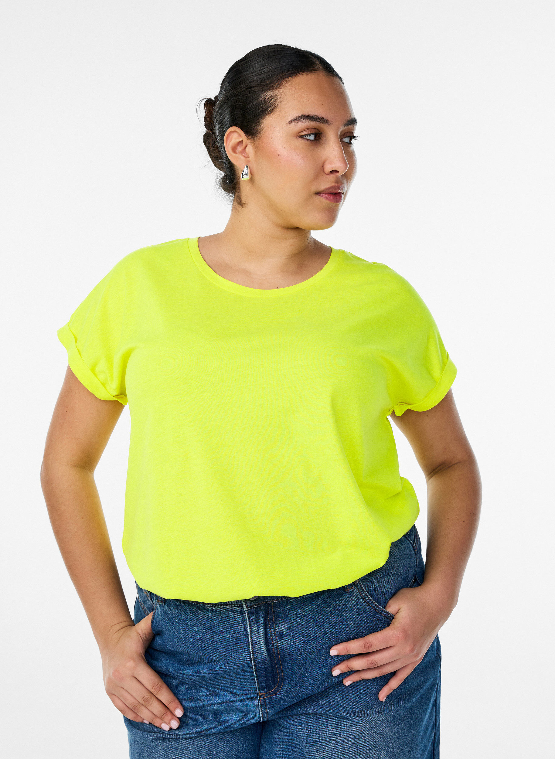 Zizzi T-shirt van katoen in neon kleur, Geel, Model image number 0