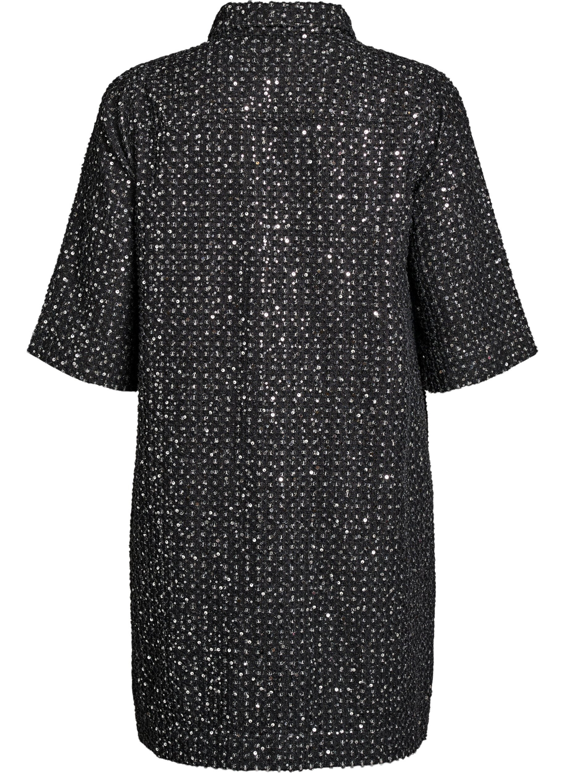 ZizziDenim jurk met pailletten en 3/4-mouwen, Zwart, Packshot image number 1