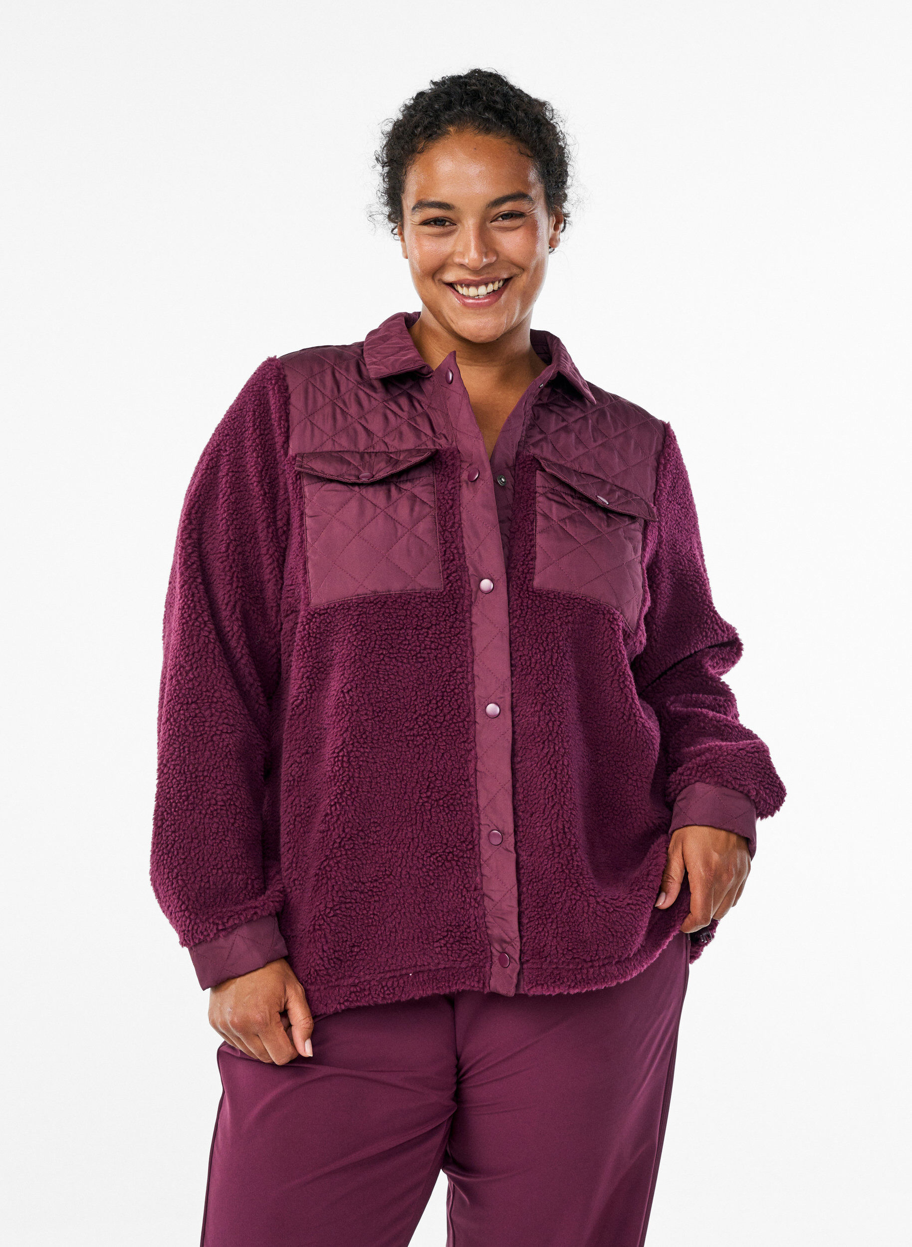 Fleecejack met gewatteerde details, Rood, Model