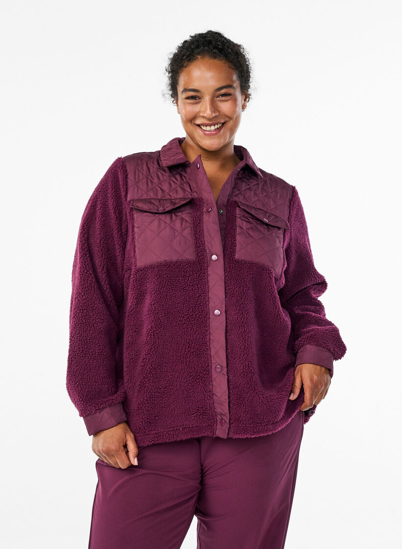 Fleecejack met gewatteerde details, Rood, Model image number 0