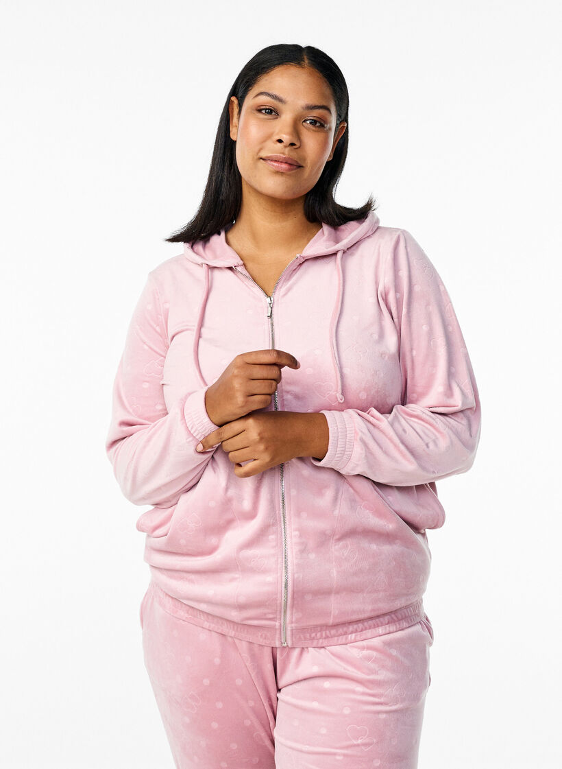 Velour cardigan met capuchon en zakken, Roze, Model image number 0