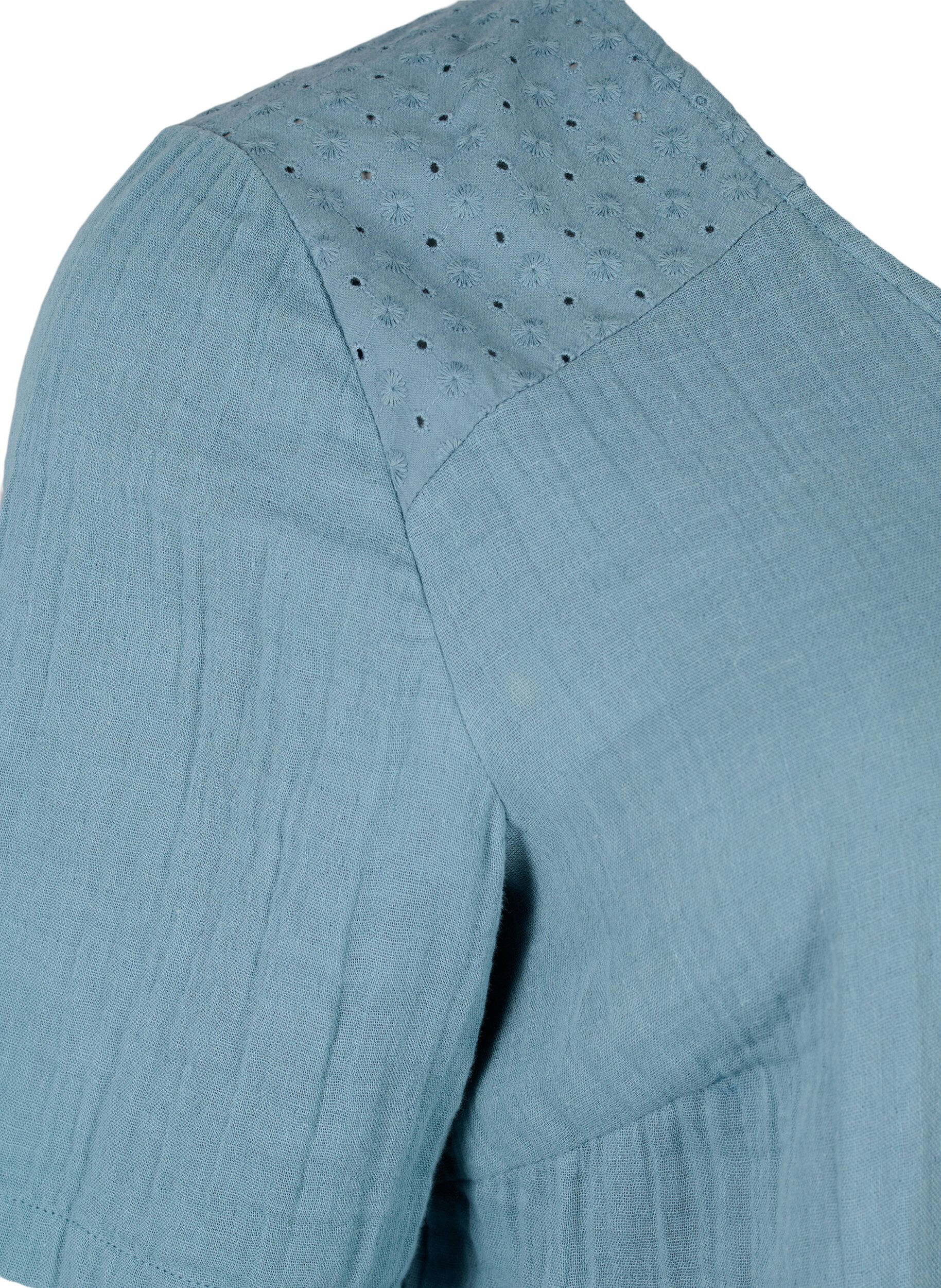 Zizzi Katoenen blouse met borduursel en korte mouwen, Smoke Blue, Packshot image number 3