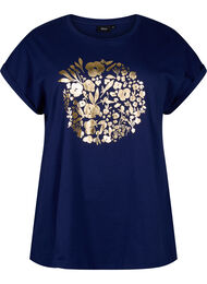 T-shirt van biologisch katoen met gouden opdruk, Med.Blue Gold Flower