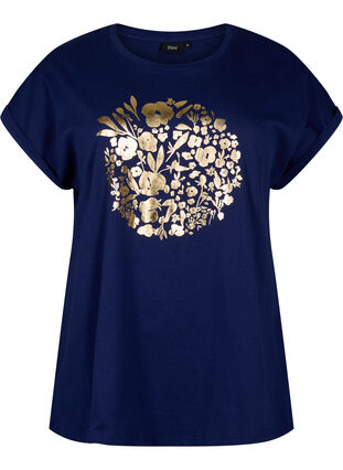 T-shirt van biologisch katoen met gouden opdruk, Med.Blue Gold Flower, Packshot image number 0