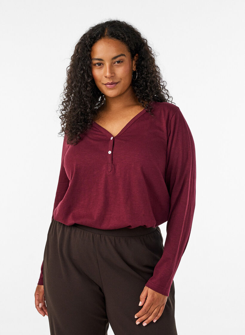 T-shirt met lange mouwen, V-hals en knopen, Rood, Model image number 0
