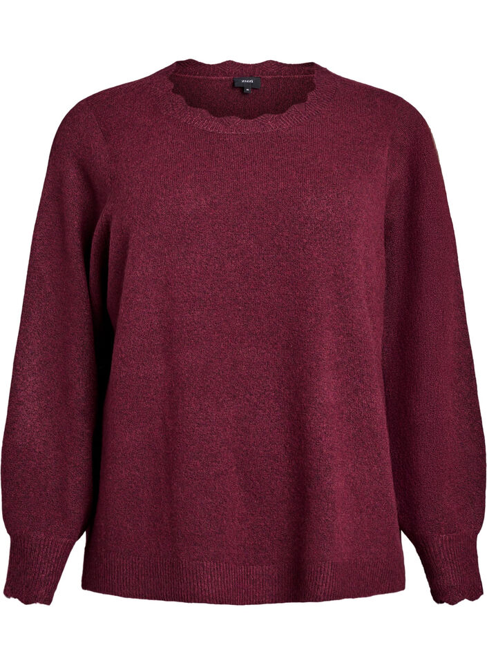 Gebreide blouse met golvende randen, Donker Bordeaux, Packshot image number 0
