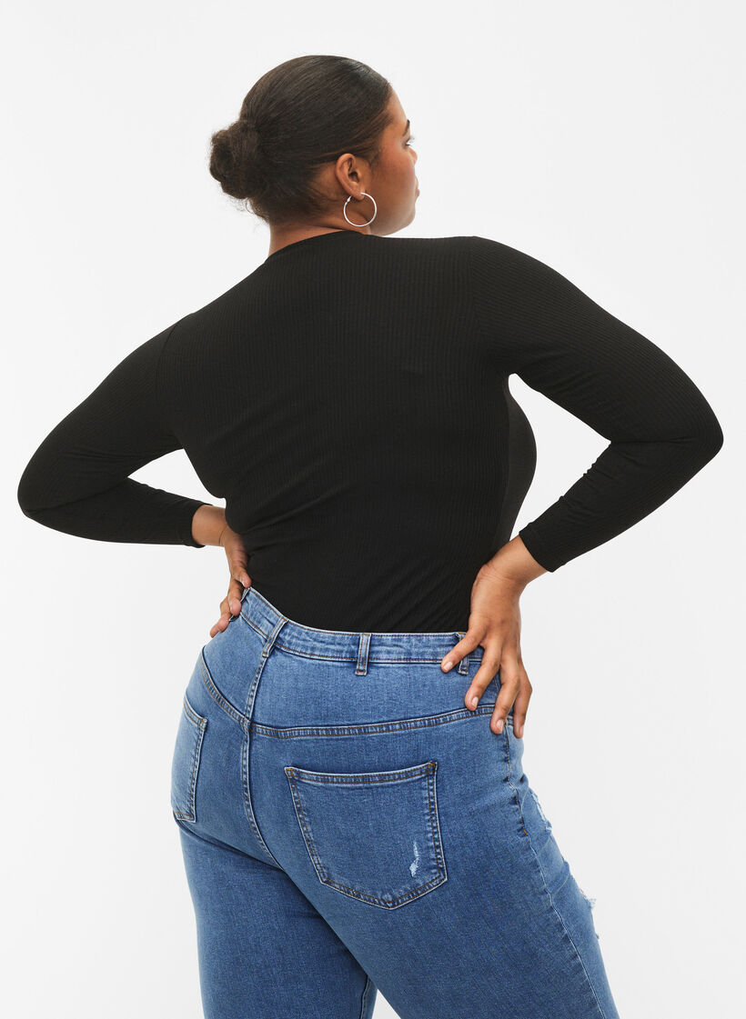 Geribde blouse met lange mouwen en gaatjes, Black, Model image number 1