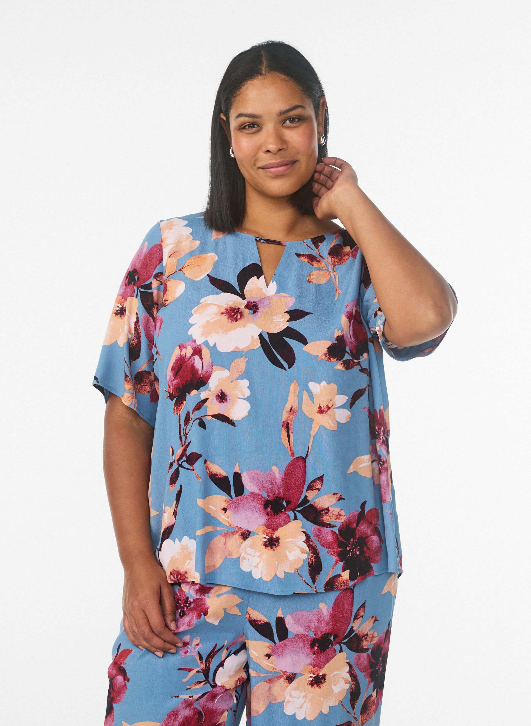 Zizzi Viscose blouse met korte mouwen met print, Blauw, Model image number 0