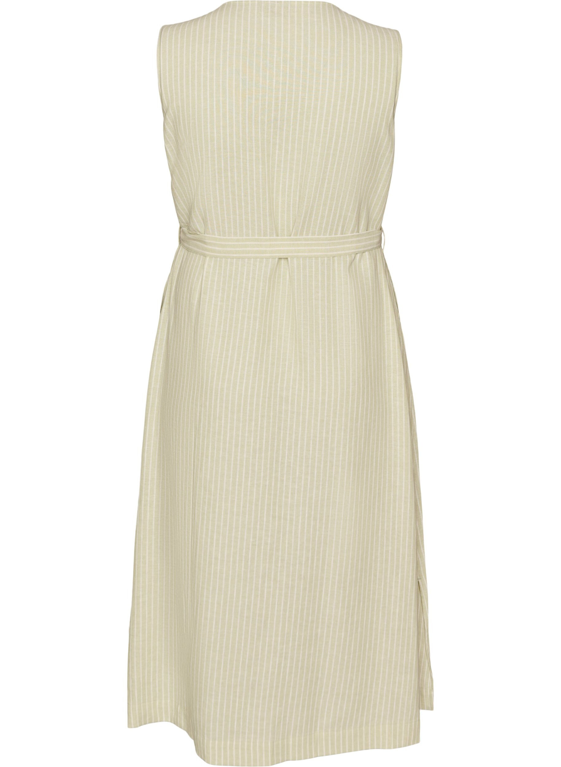 ZizziMouwloze gestreepte midi jurk in linnen en viscose, Groen, Packshot image number 1