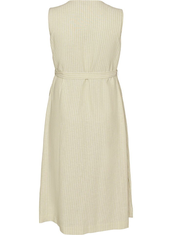 Mouwloze gestreepte midi jurk in linnen en viscose, Groen, Packshot image number 1