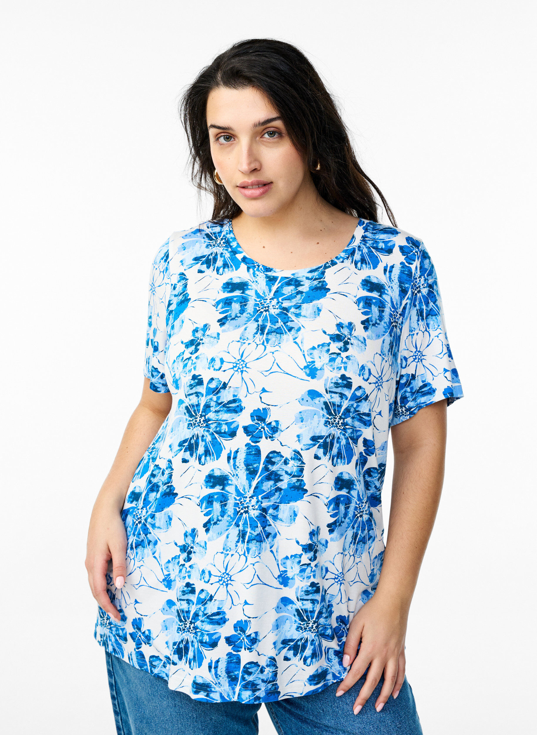 Zizzi T-shirt met bloemenprint, Blauw, Model image number 0