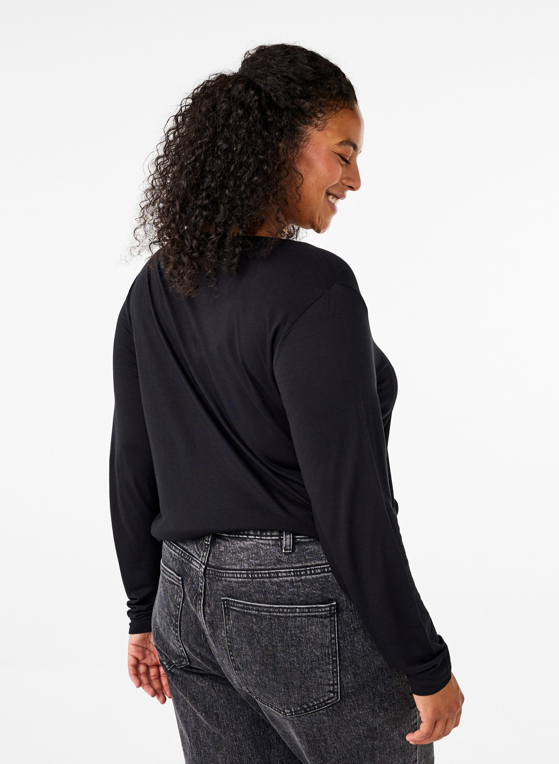 ZizziBlouse met lange mouwen van wol en viscose, Zwart, Model image number 2