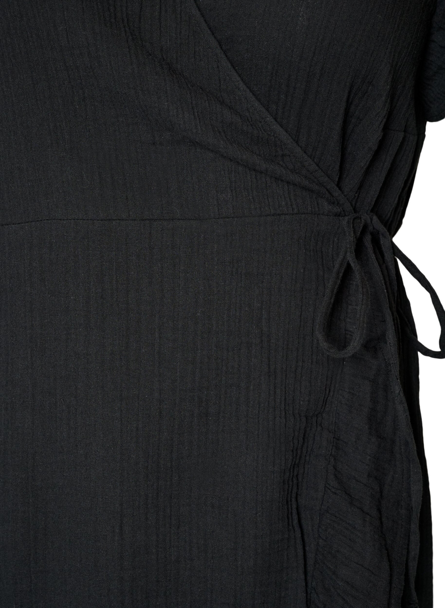 ZizziOmslagjurk in katoenen mousseline met ruches, Zwart, Packshot image number 2