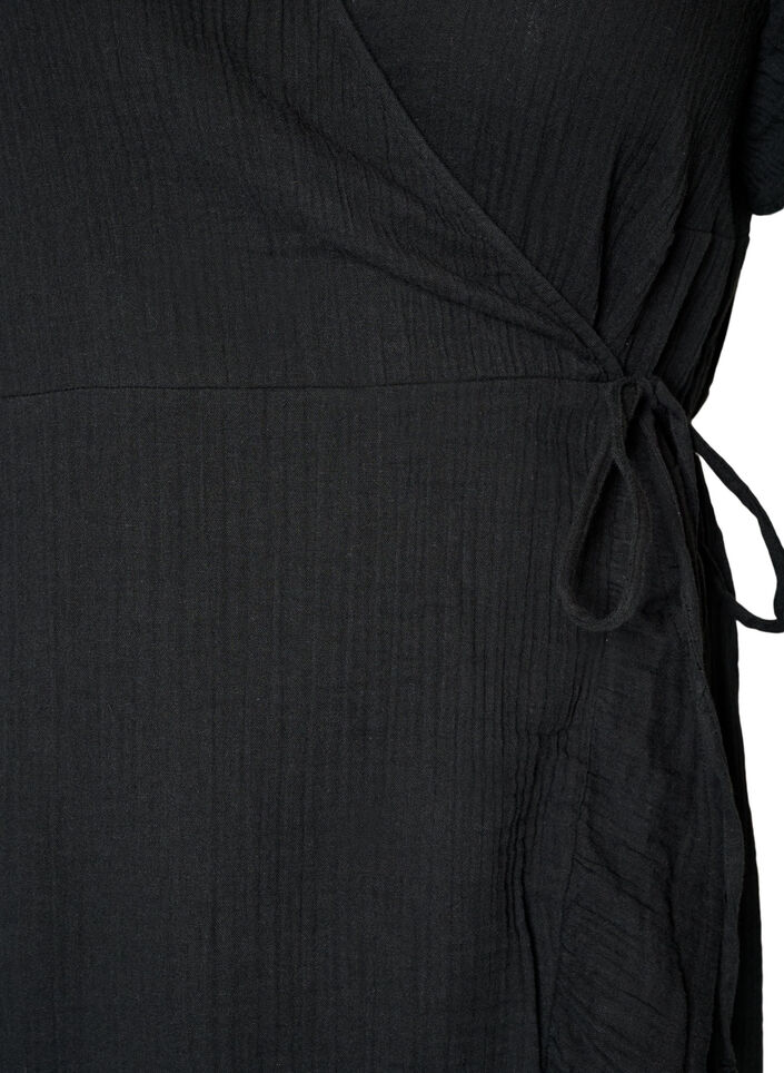 Omslagjurk in katoenen mousseline met ruches, Zwart, Packshot image number 2