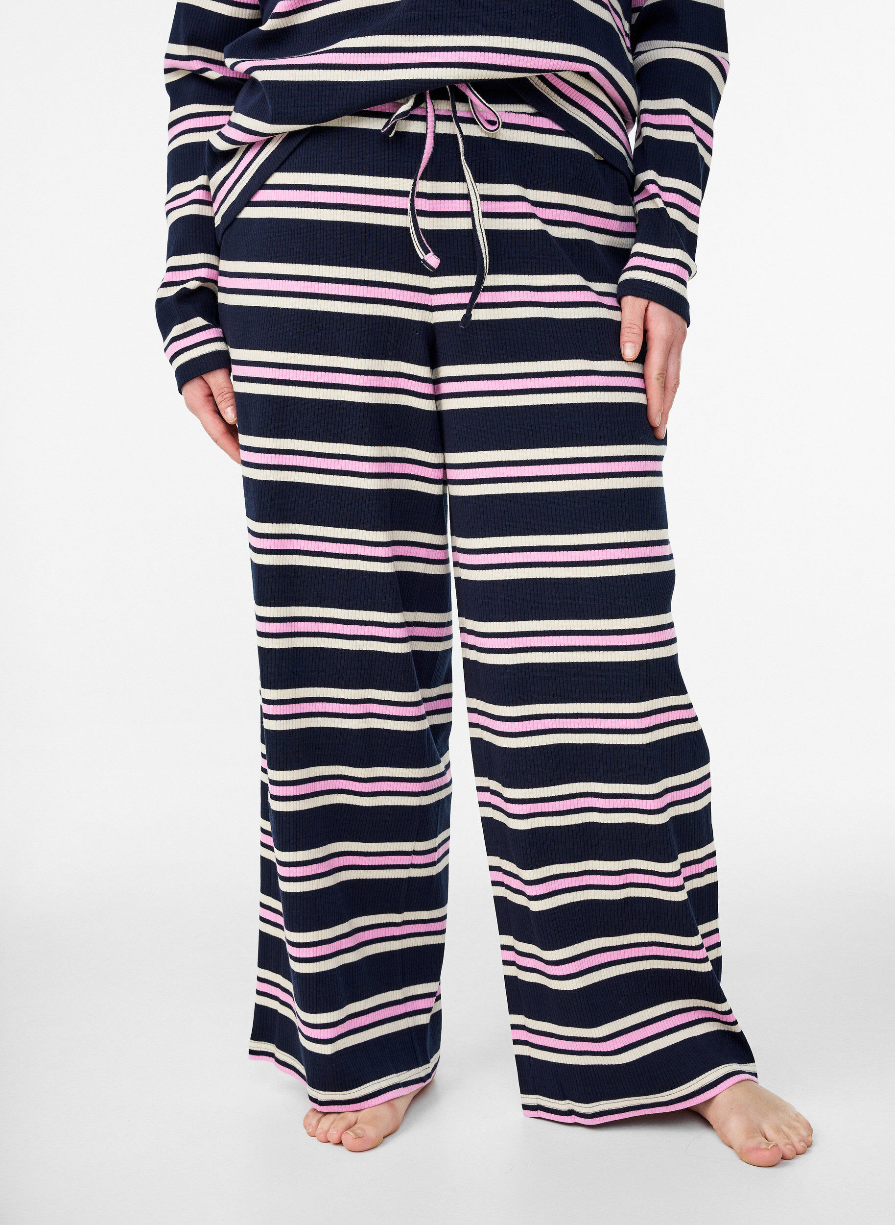 ZizziGestreepte pyjamabroek met wijde pijpen, Blauw, Model image number 3