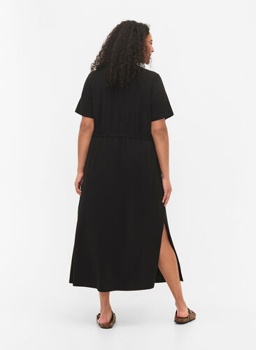 Katoenen midi-jurk met korte mouwen, Black Solid, Model image number 1