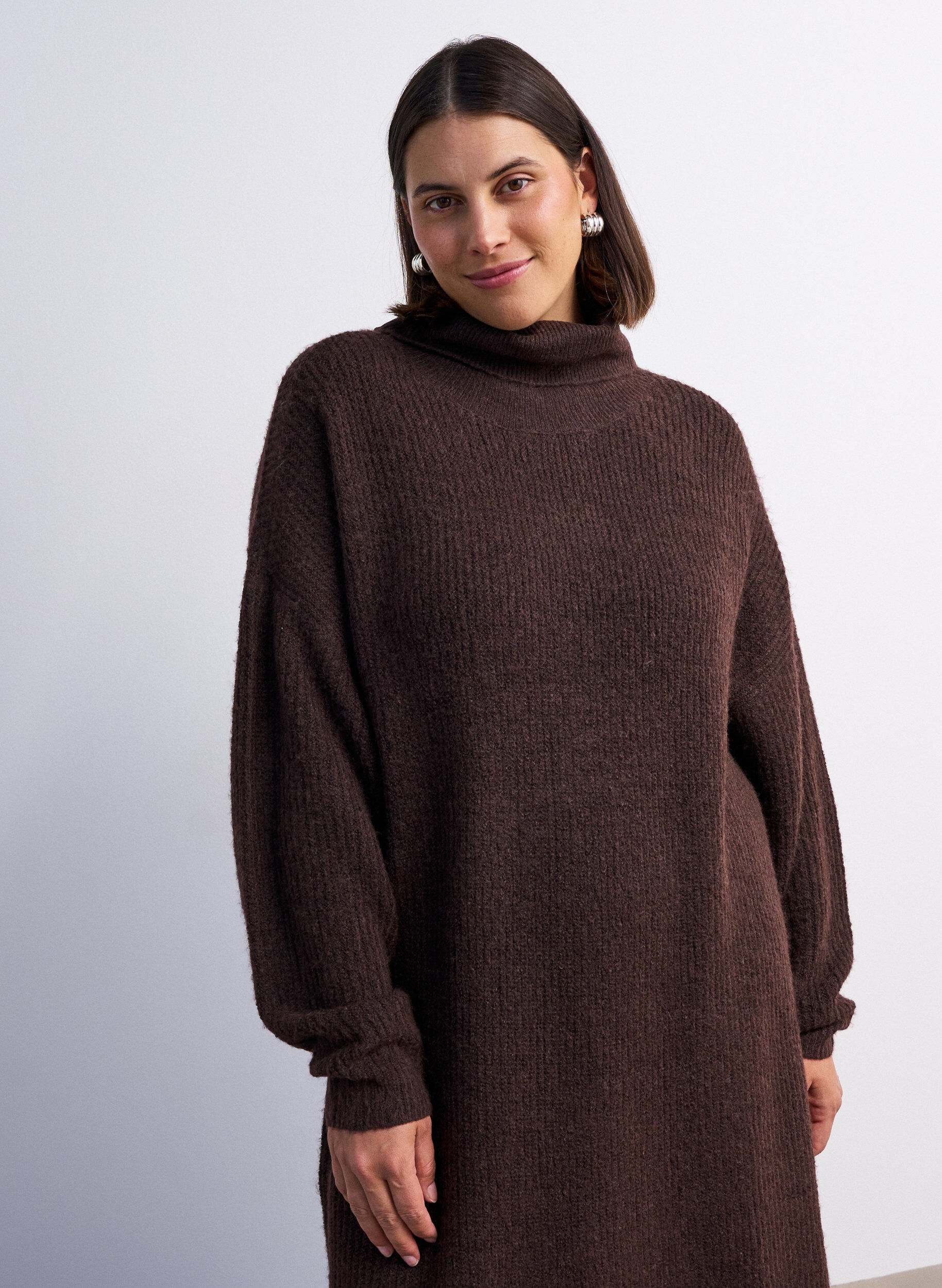ZizziGebreide jurk met col, Bruin, Model image number 3