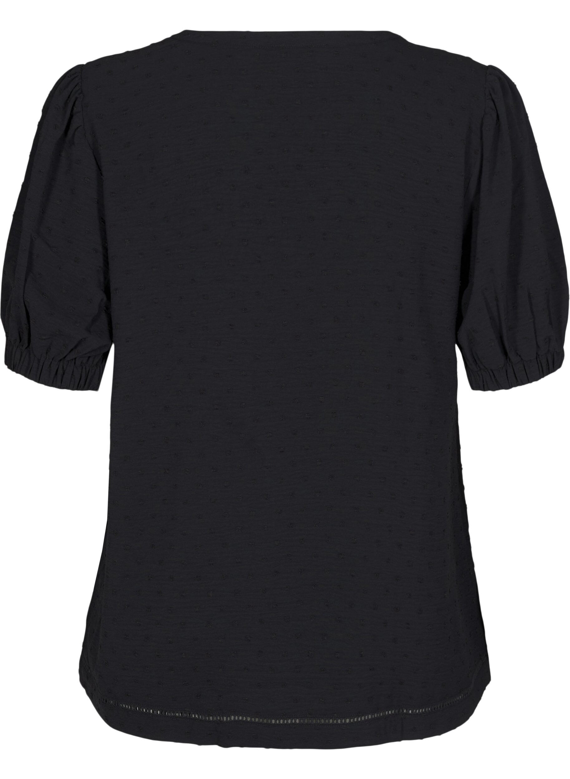Zizzi Blouse met korte pofmouwen en gestippelde textuur, Black, Packshot image number 1