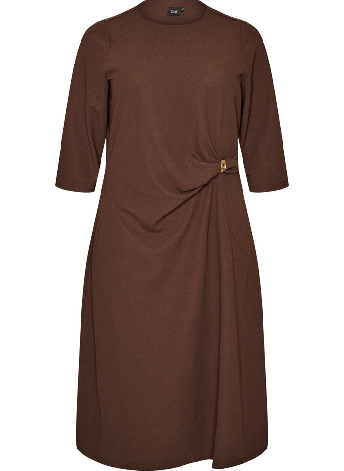 Jersey jurk met drapering en decoratieve gesp, Bruin, Packshot image number 0