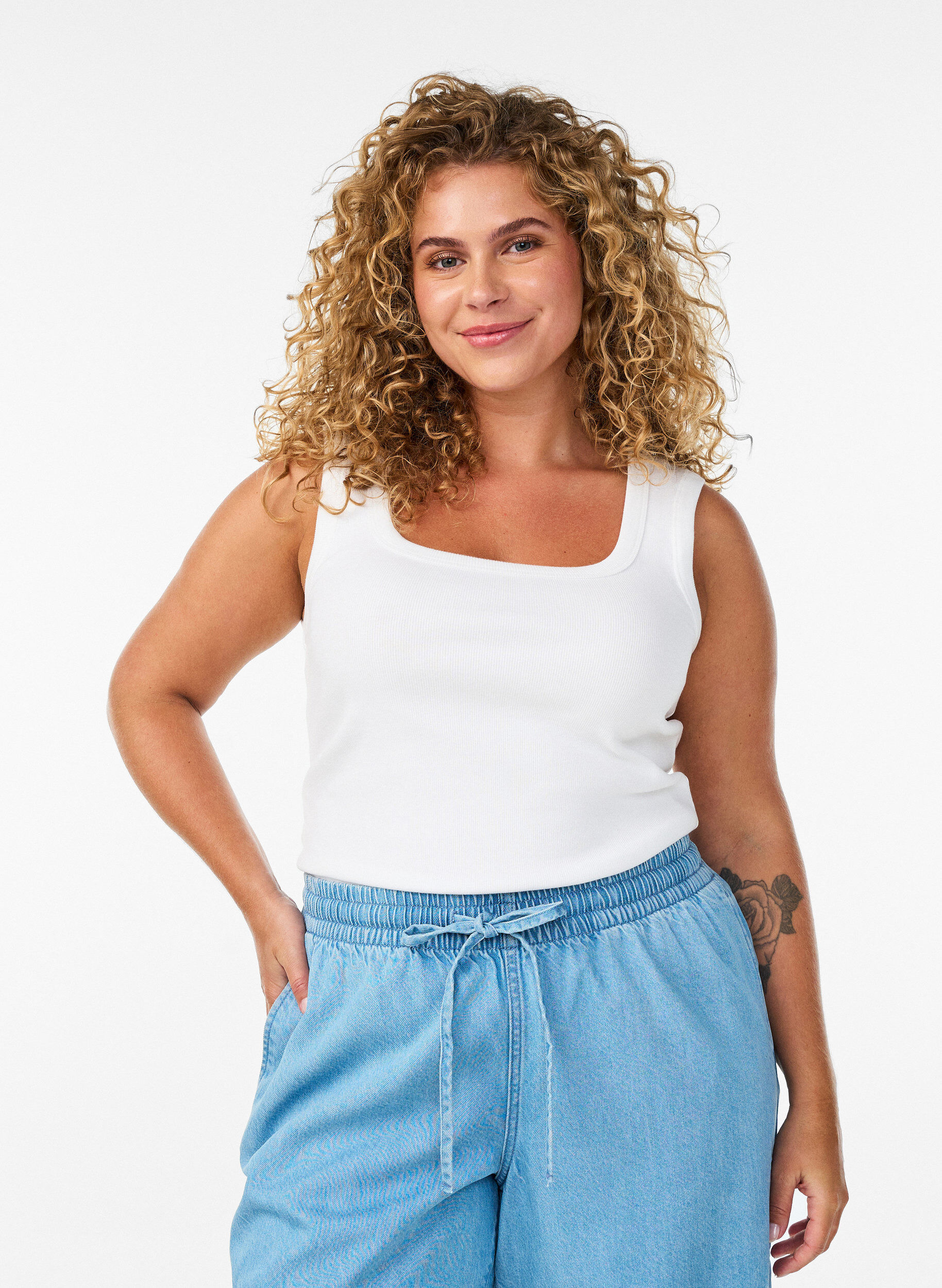 ZizziRib top met vierkante halslijn, Wit, Model image number 0