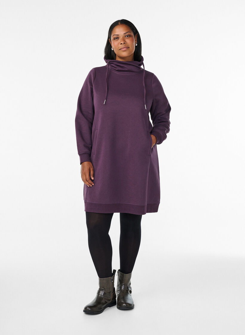 Kort sweatshirt jurk met hoge kraag en zakken, Paars, Model image number 1