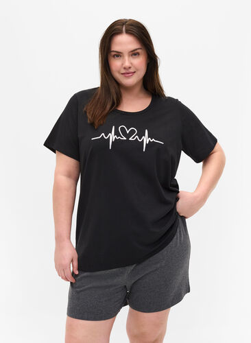 Pyjama t-shirt met korte mouwen en print, Black HEARTBEAT, Model image number 0