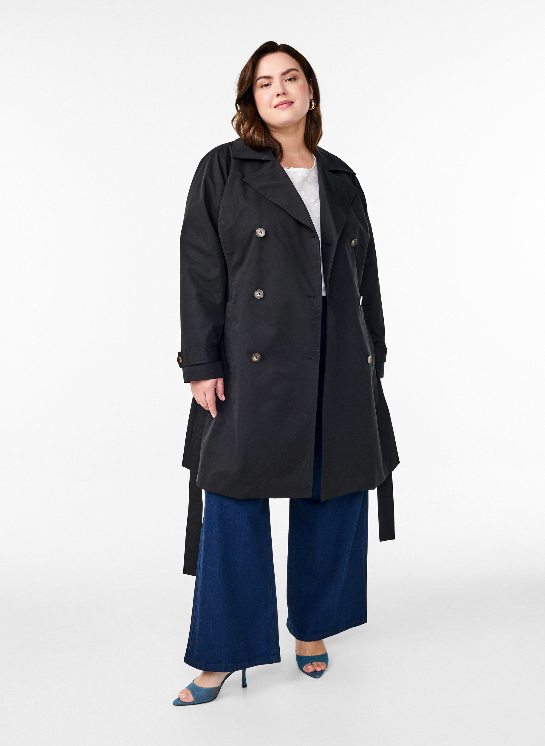 Zizzi Halflange trenchcoat met ceintuur, Black, Model image number 2