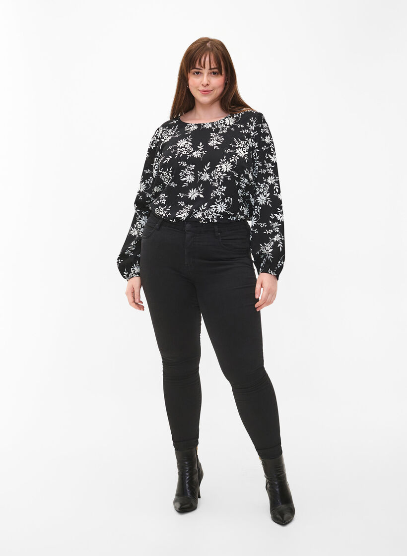 Blouse met pofmouwen, Black Flower AOP, Model image number 2