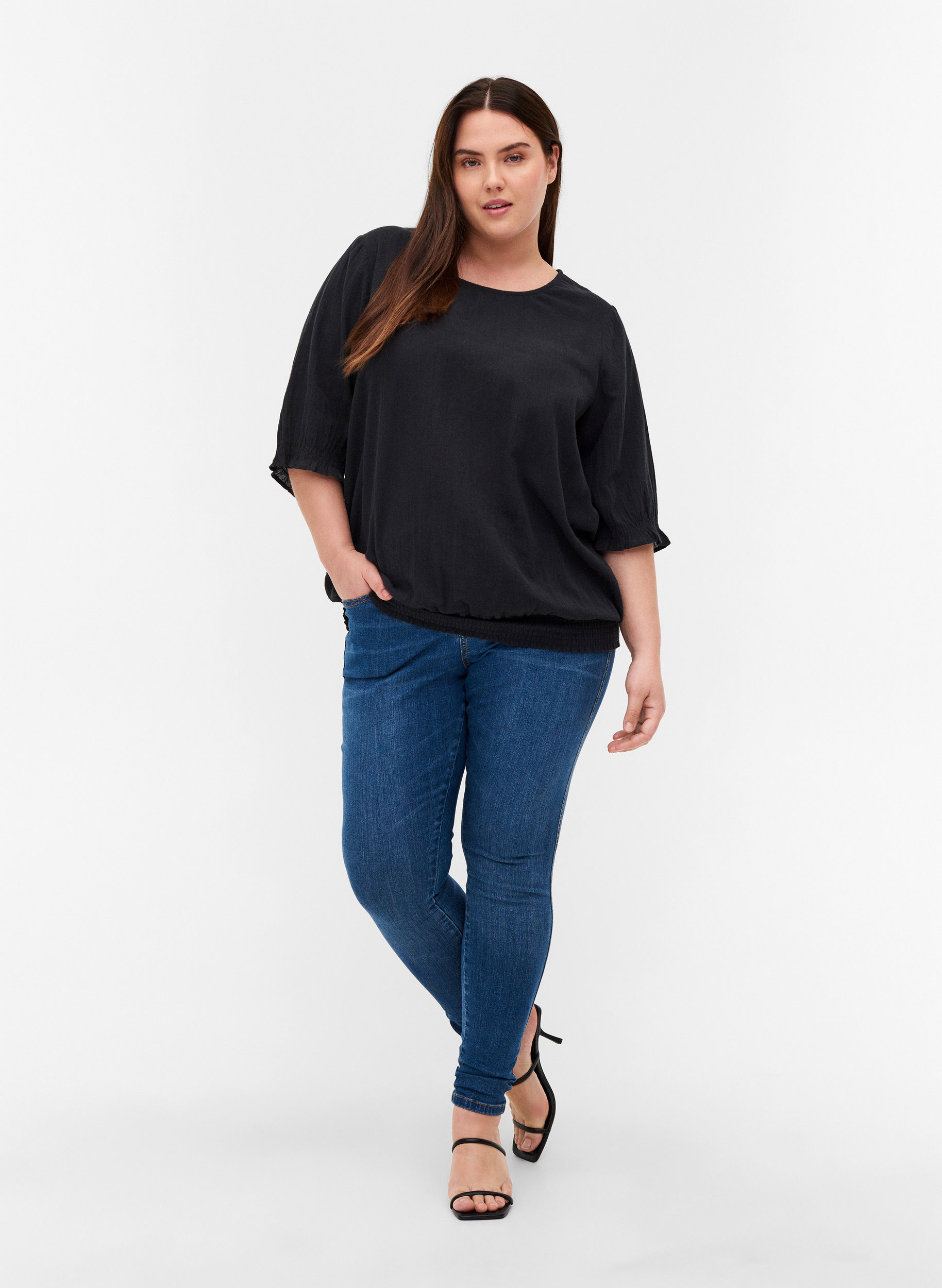 Katoenen blouse met smokwerk en korte mouwen, Black, Model image number 2