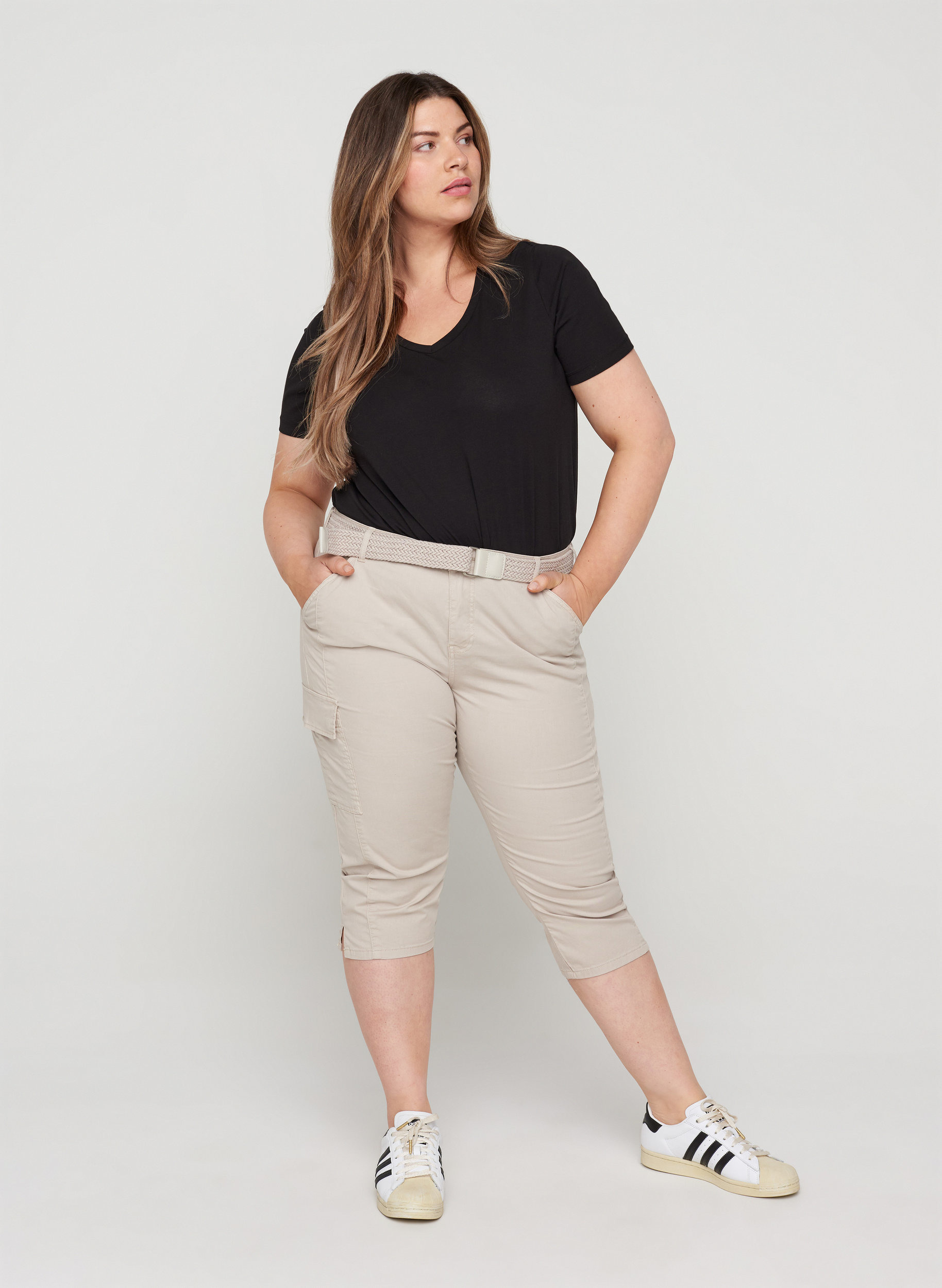 Capri broek in katoen met riem - Beige - Maat 42-60 - Zizzi