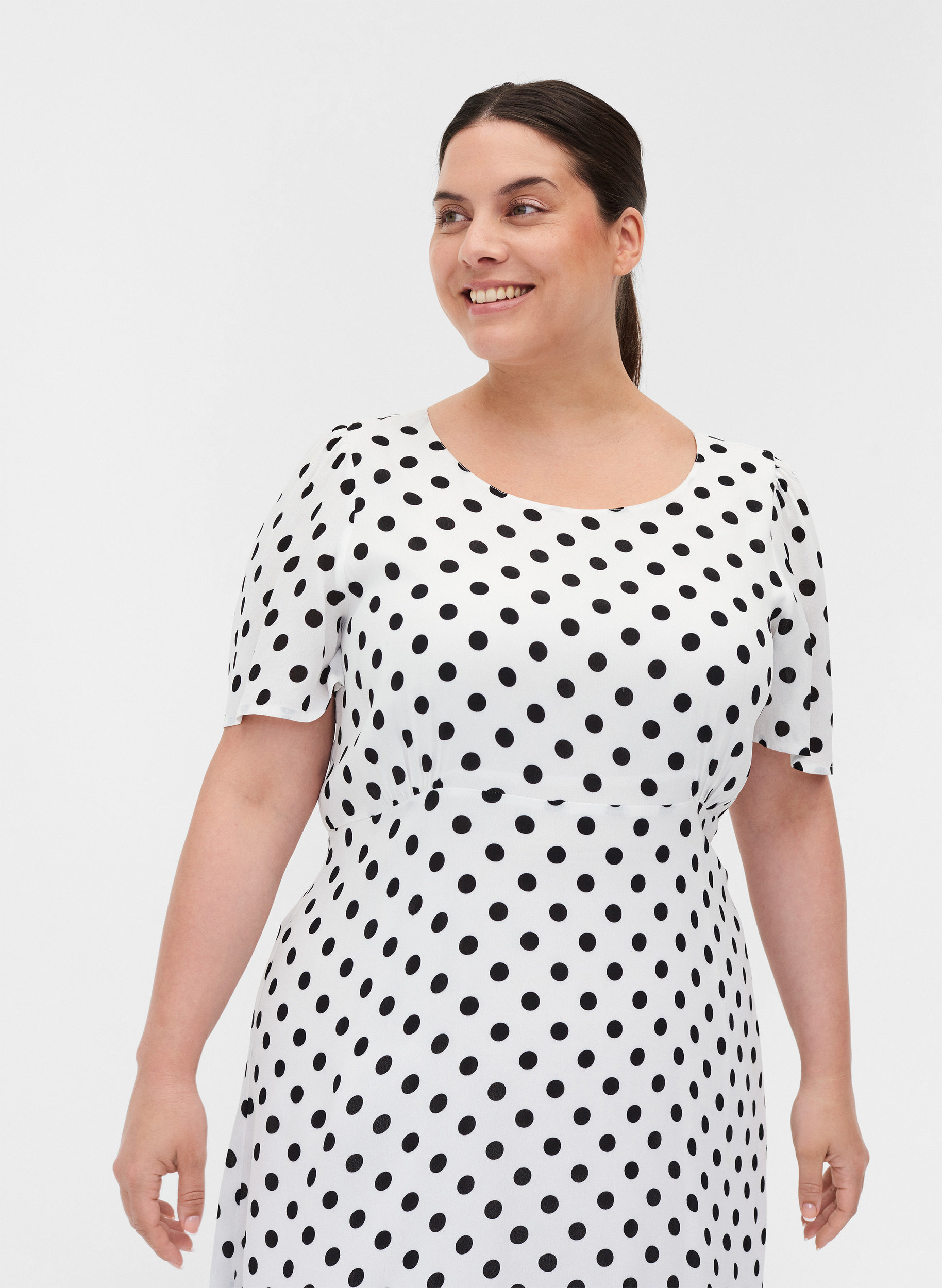 Viscose jurk met korte mouwen en stippen, White w. Black Dot, Model image number 2