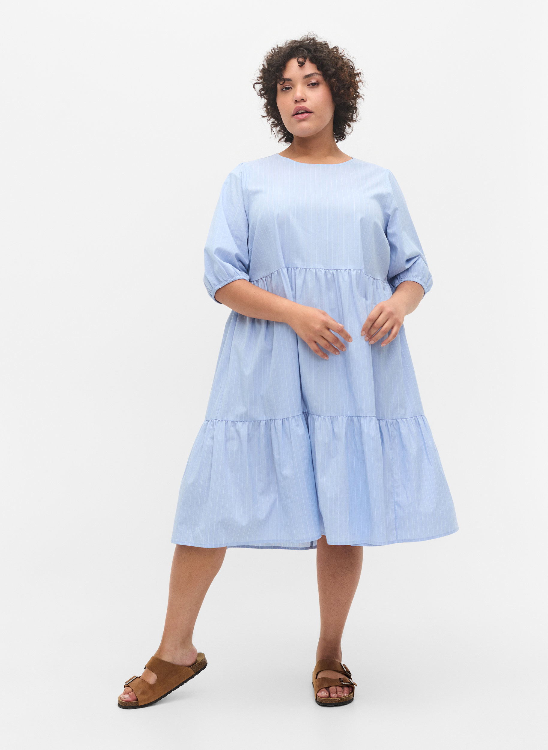 Gestreepte jurk met korte pofmouwen, Blue As Sample, Model image number 2