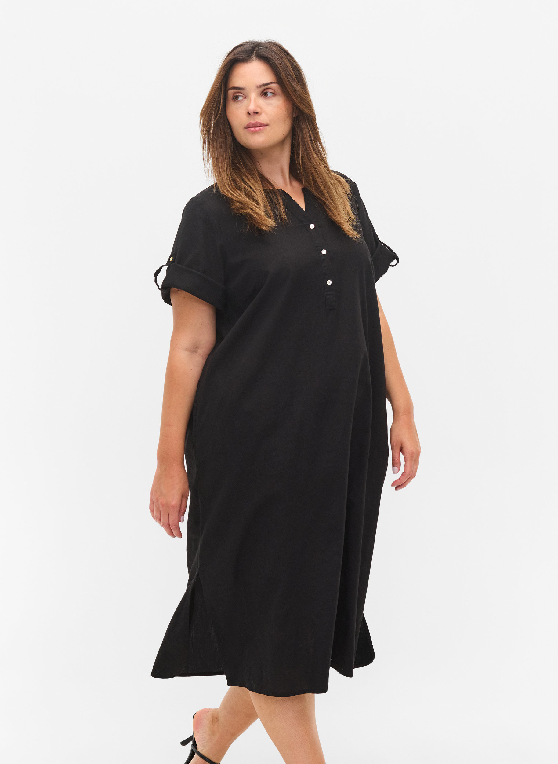 Lange blouse jurk met korte mouwen, Black, Model