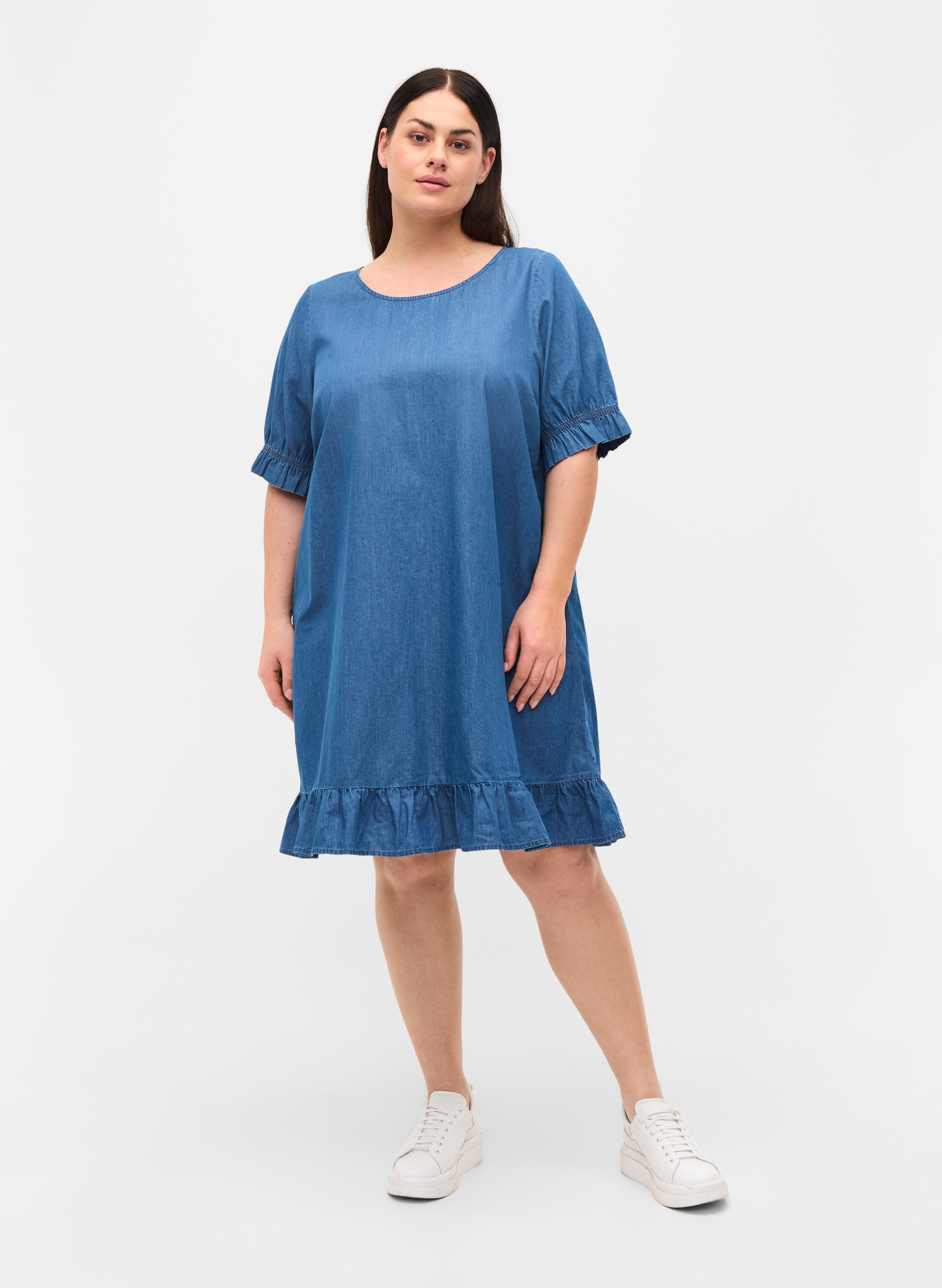 Denim jurk in katoen met korte mouwen, Blue denim, Model image number 2