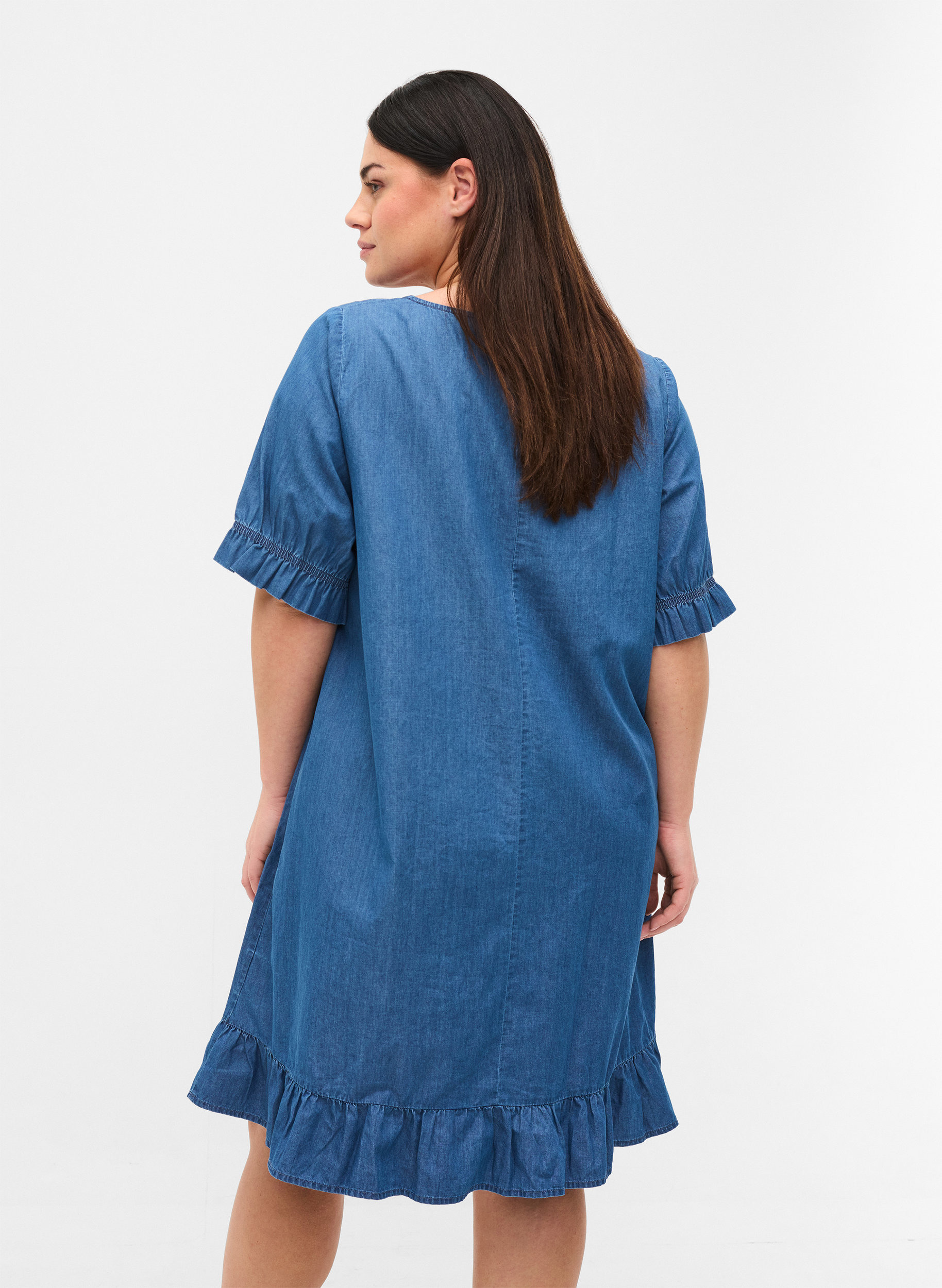 Denim jurk in katoen met korte mouwen, Blue denim, Model image number 1