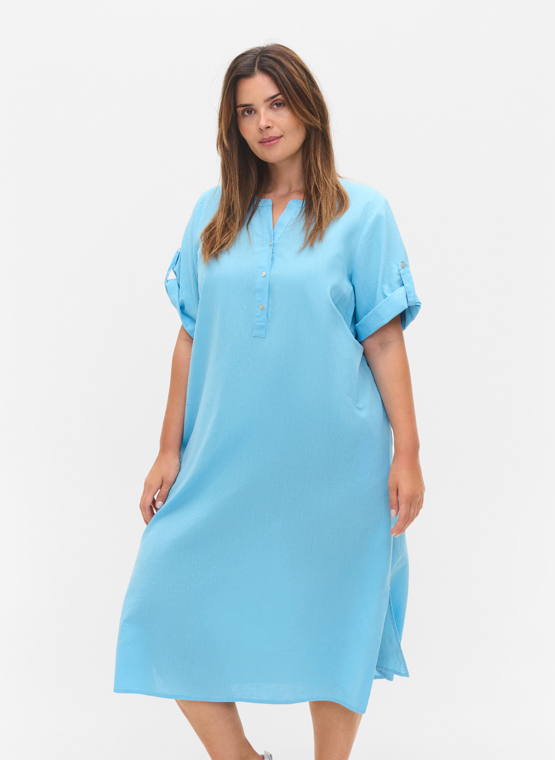 Lange blouse jurk met korte mouwen, Alaskan Blue, Model image number 0