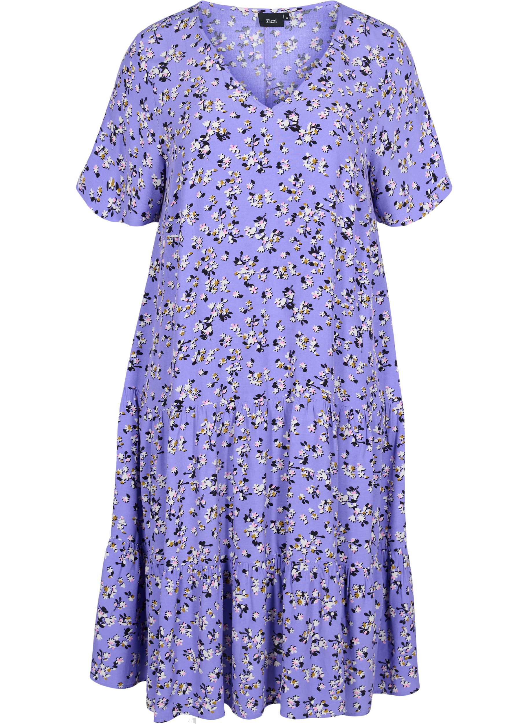 Viscose midi-jurk met bloemenprint, Lilac Flower Print, Packshot image number 0