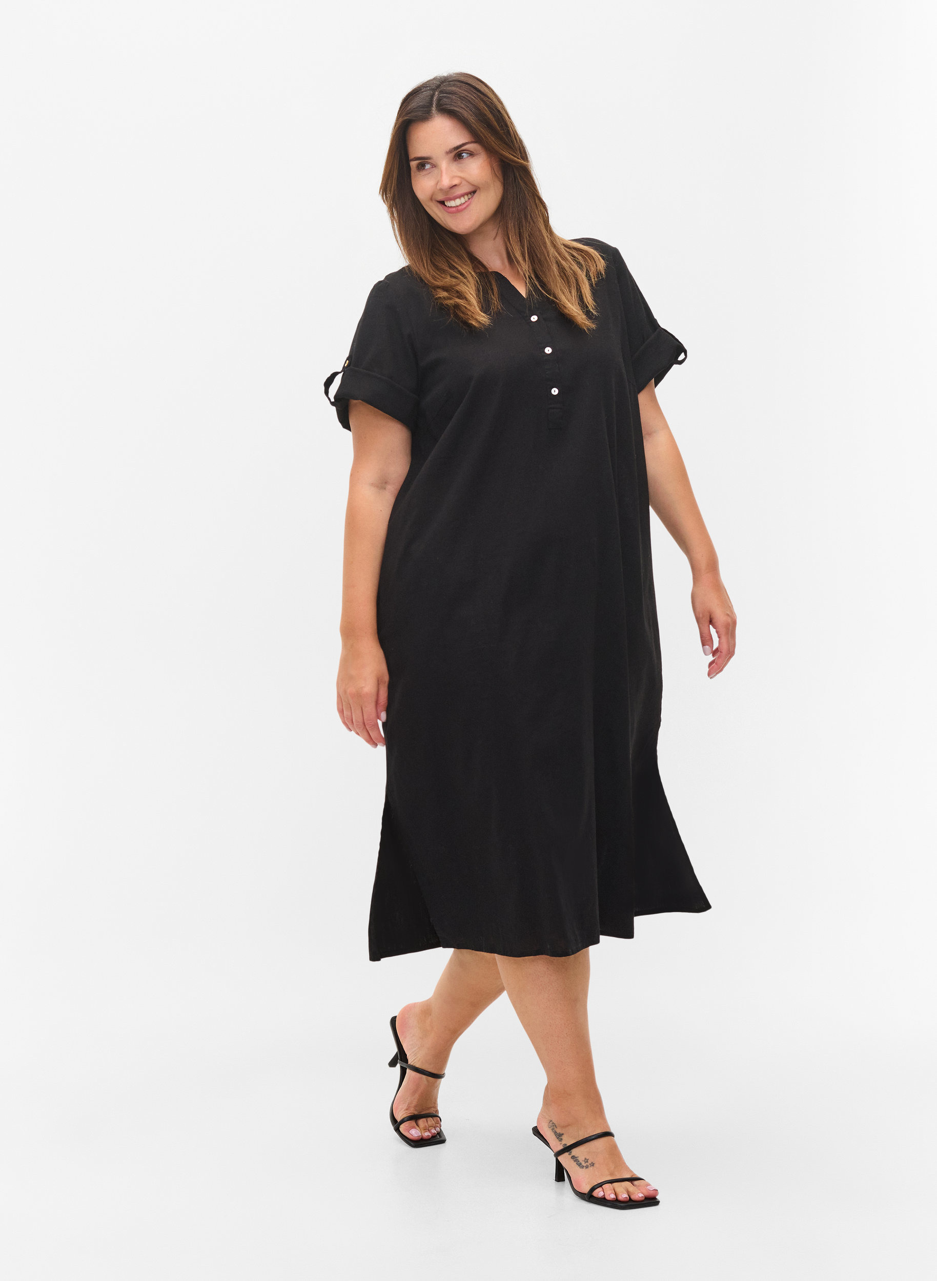 Lange blouse jurk met korte mouwen, Black, Model image number 2