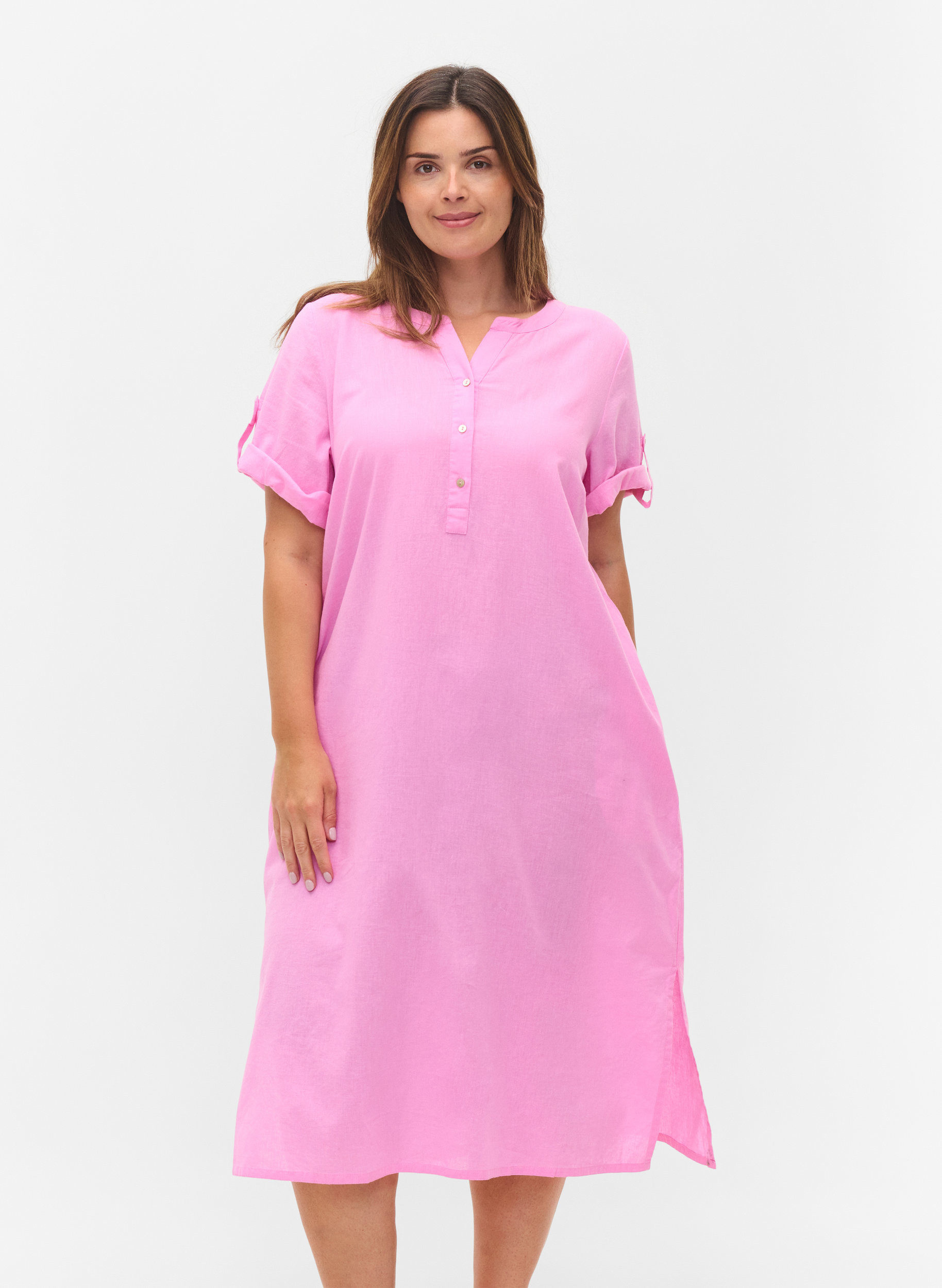 Lange blouse jurk met korte mouwen, Begonia Pink, Model
