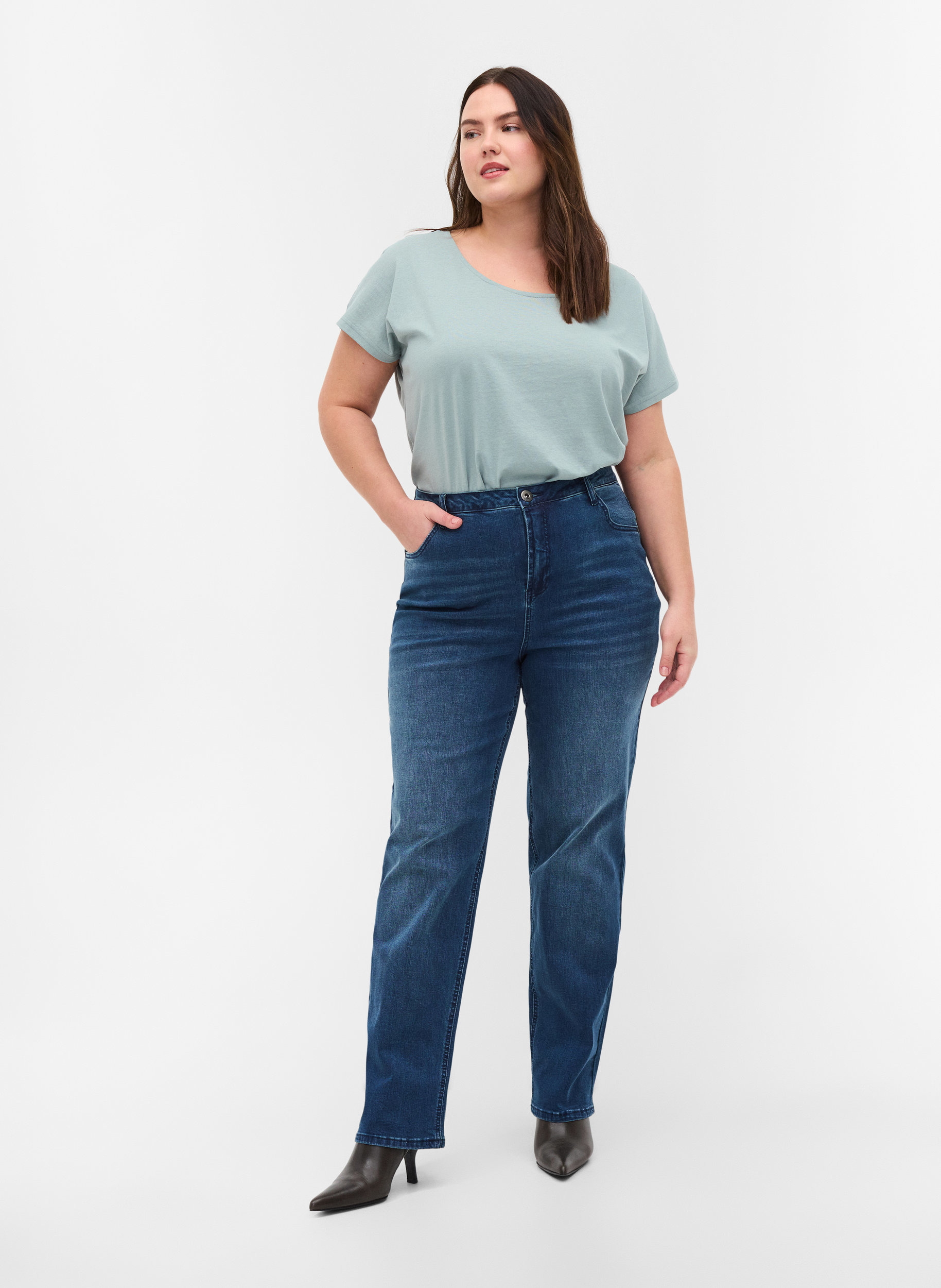 Jeans met extra hoge taille, Blue denim, Model