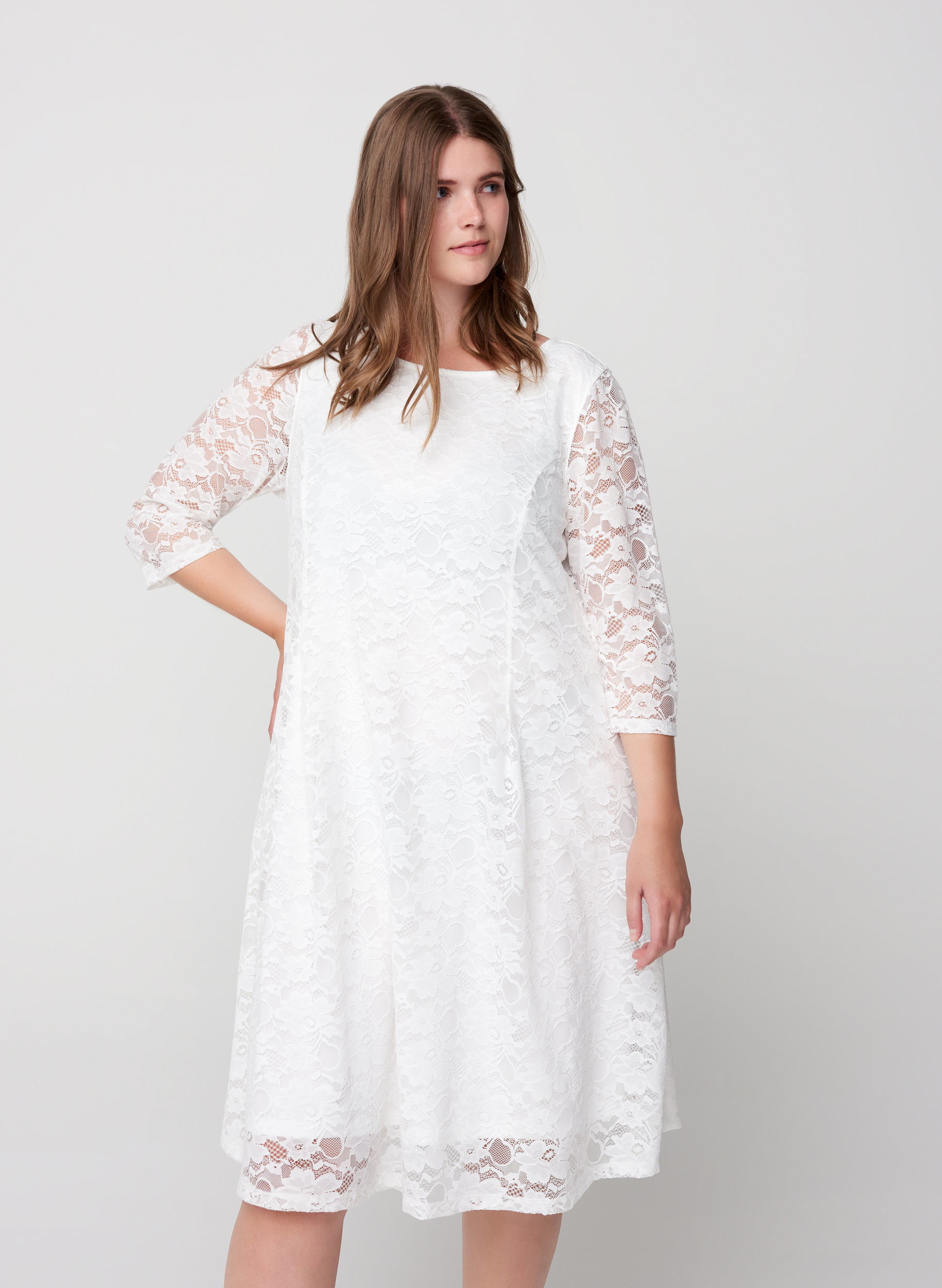 Kanten jurk met 3/4 mouwen, White, Model image number 2