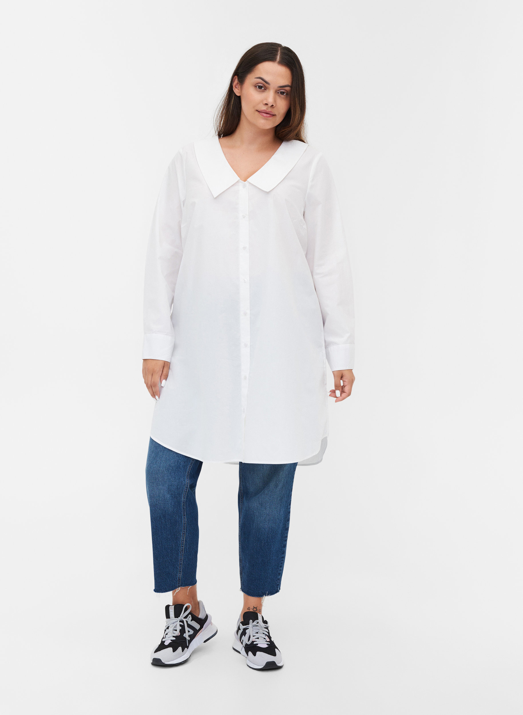 Lange, katoenen blouse met grote kraag, Bright White, Model image number 2