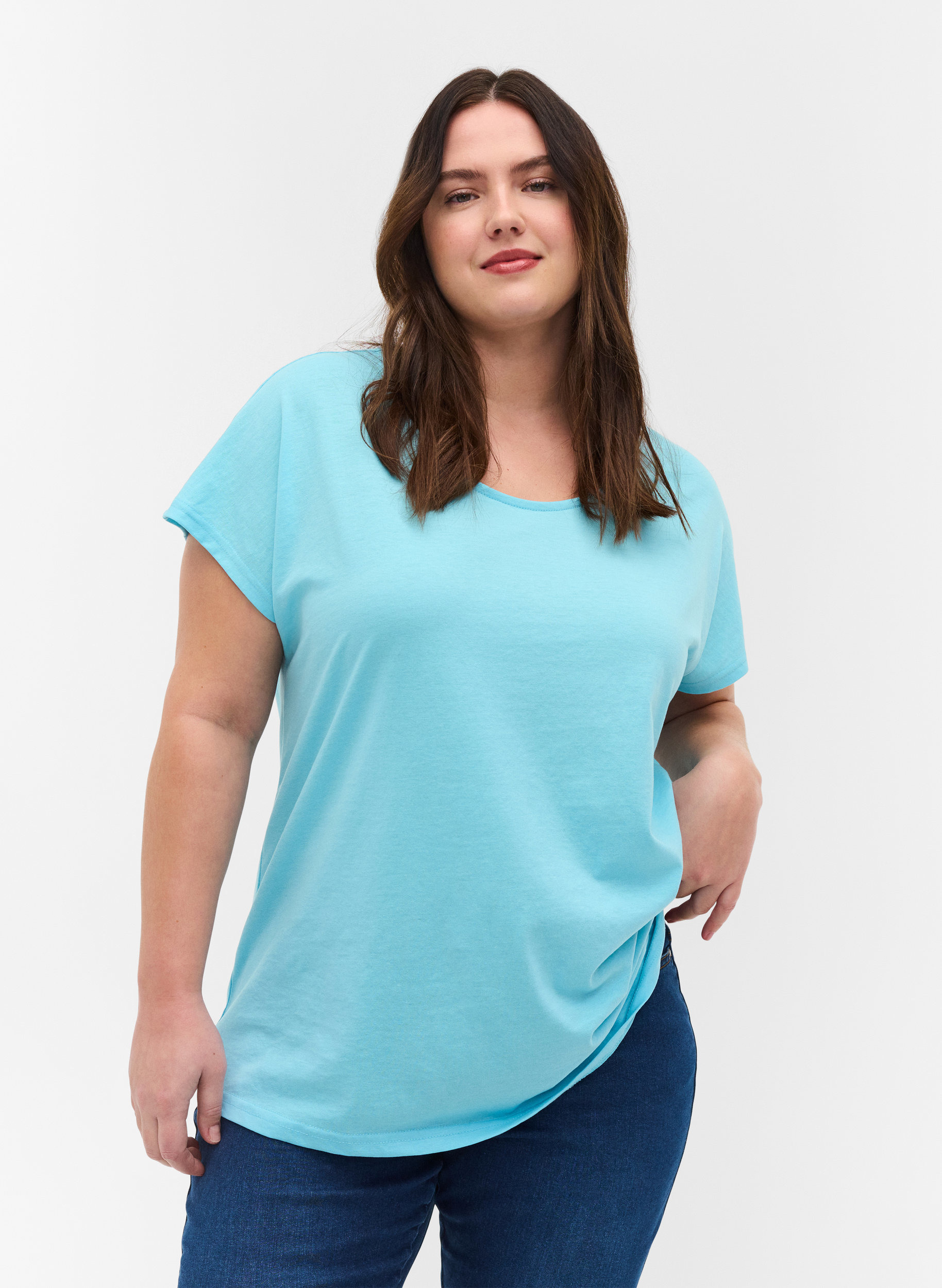 T-shirt met mix van katoen, Blue Topaz, Model image number 0